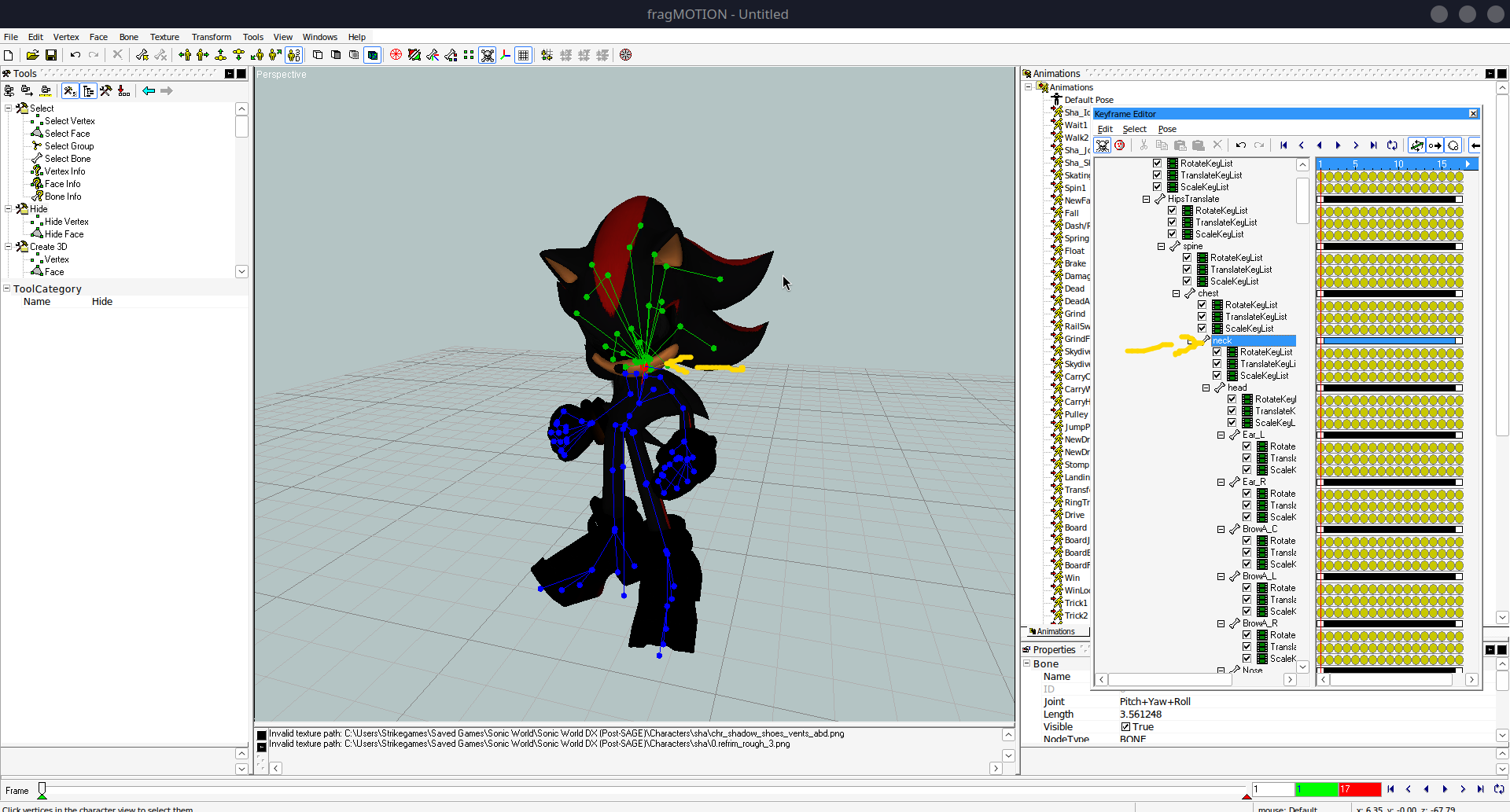The viewport with the "neck" selected.