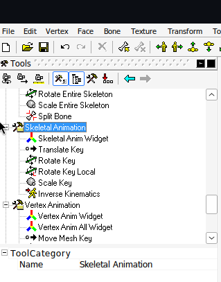 Scroll down in the Tool Tree to find Skeletal Anim Widget, normally at the bottom right of the screen. I have moved mine to the left for this tutorial.