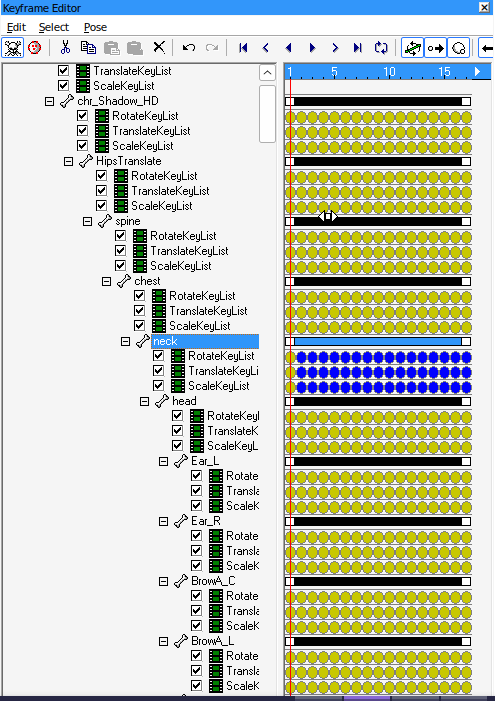 Note: That I am modifying the NECK bone, there are only 3 possible bubbles in the NECK column. I delete them all for this tutorial across the row, and keep the bubbles on frame one.