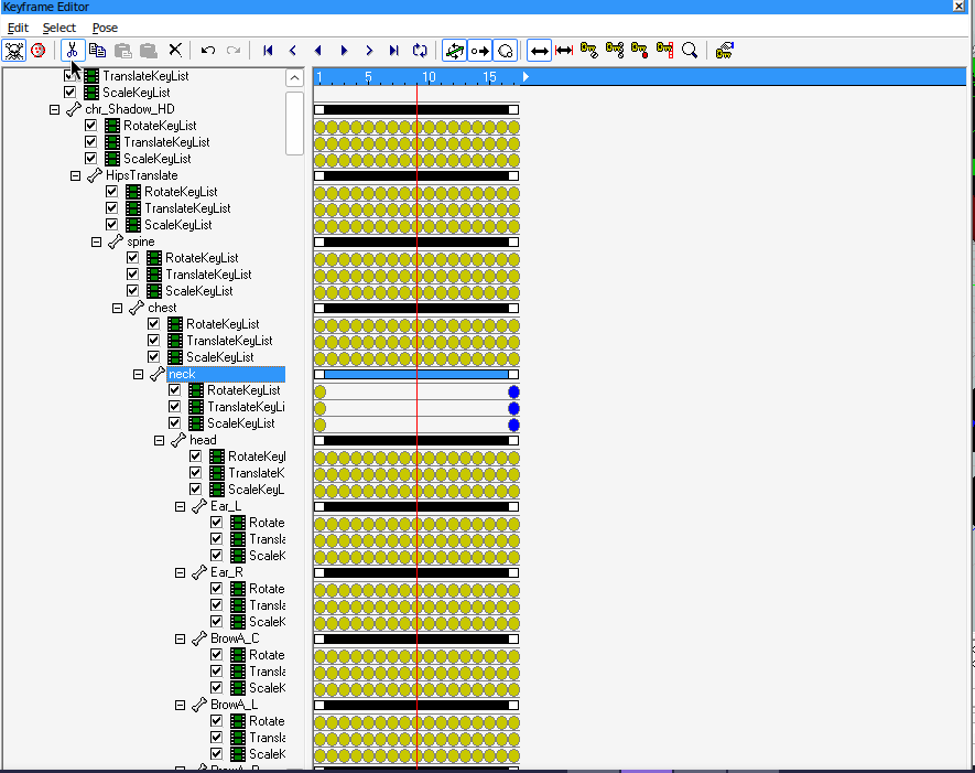 We duplicated frame one on the final frame, and now we're moving to frame nine which is the middle of our animation to rotate shadows head so we can get some real rotation going.